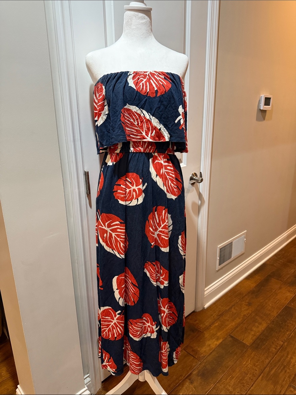 Lucky Brand Strapless Navy Maxi Dress with Red and Cream Leaf Print